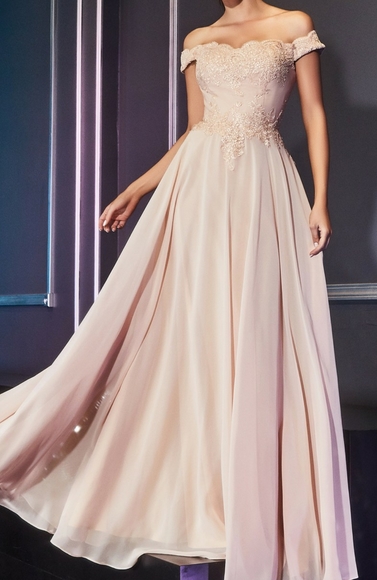 black, champagne, pink, blue, purple off shoulder lace flowy chiffon skirt gown - Picture 3 of 10